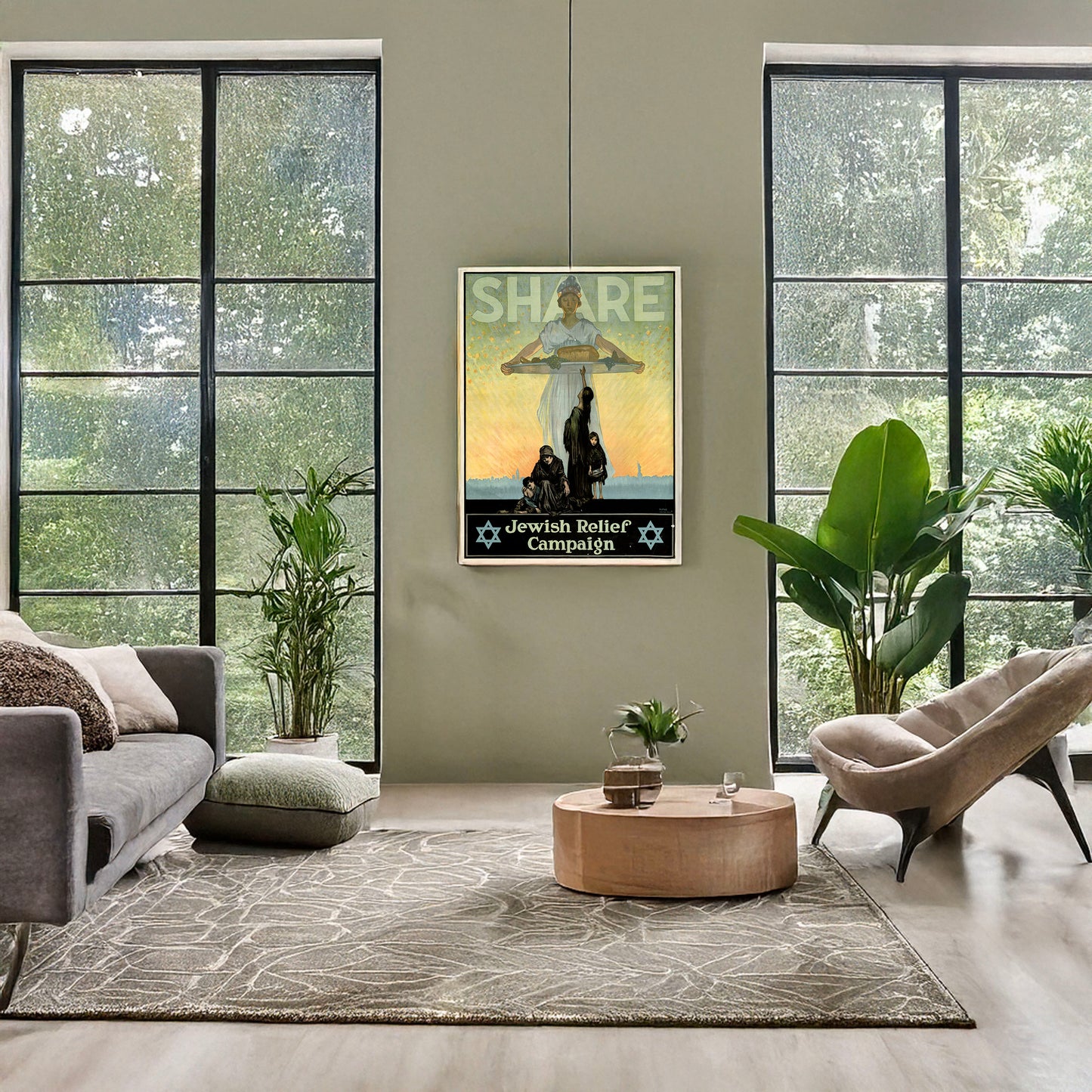 A picture of Share--Jewish Relief Campaign, a mockup of the print leaning against a wall