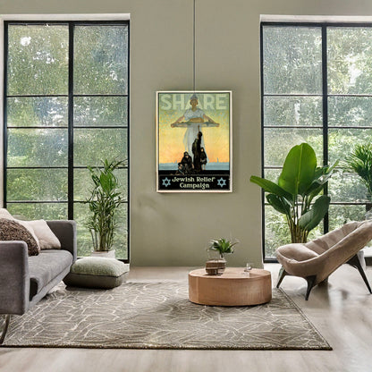 A picture of Share--Jewish Relief Campaign, a mockup of the print leaning against a wall