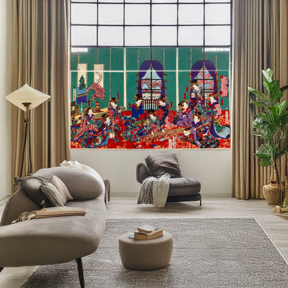 A picture of Shi-yosiwara edochō Kinpeirō, a mockup of the print leaning against a wall