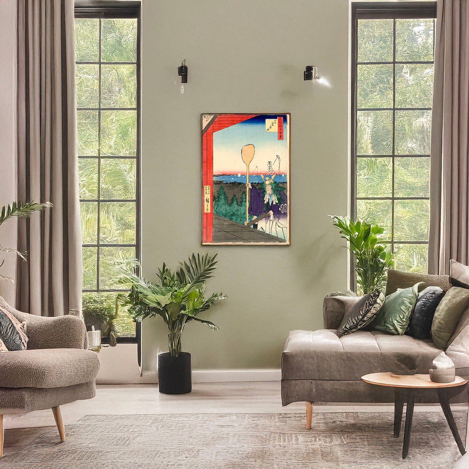A picture of Shiba atagoyama, a mockup of the print leaning against a wall