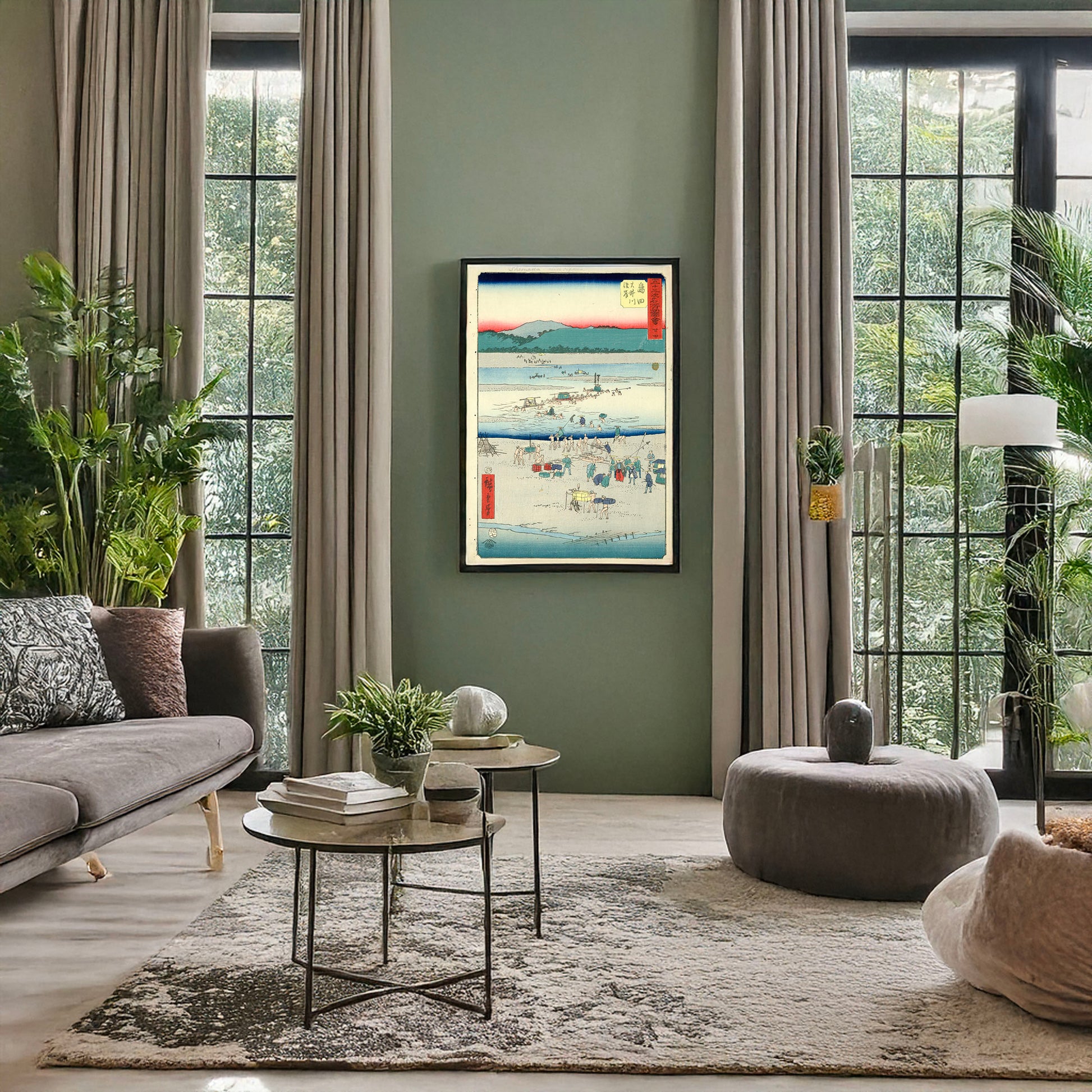 A picture of Shimada, a mockup of the print leaning against a wall