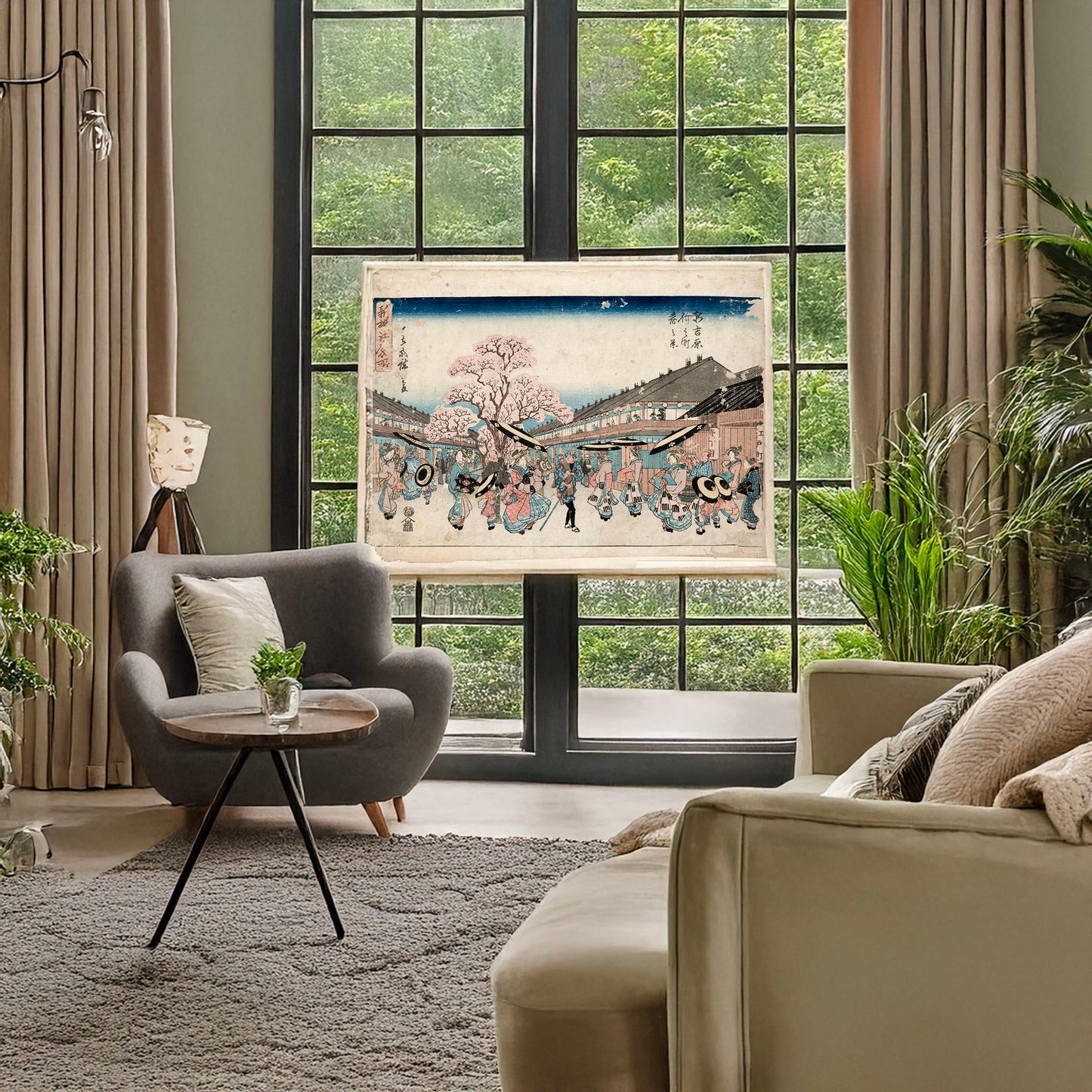 A picture of Shin-yoshiwara nakanochō haru no kei, a mockup of the print leaning against a wall