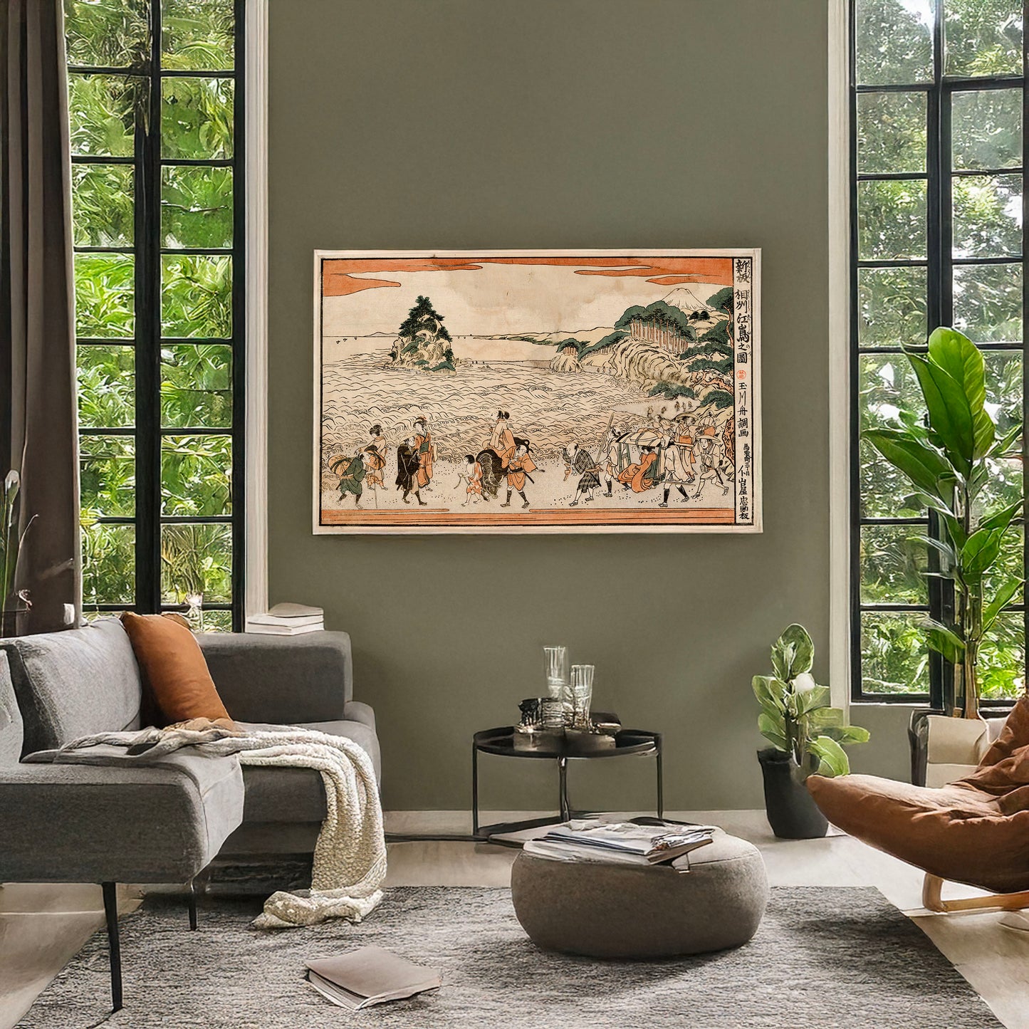 A picture of Shinpan sōshū enoshima no zu, a mockup of the print leaning against a wall