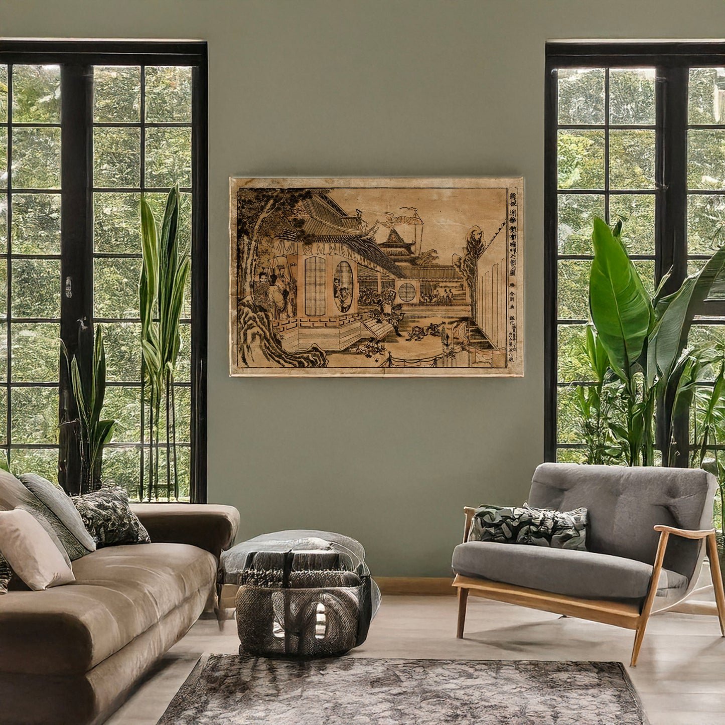 A picture of Shinpan ukie hankai kōmon no zu, a mockup of the print leaning against a wall