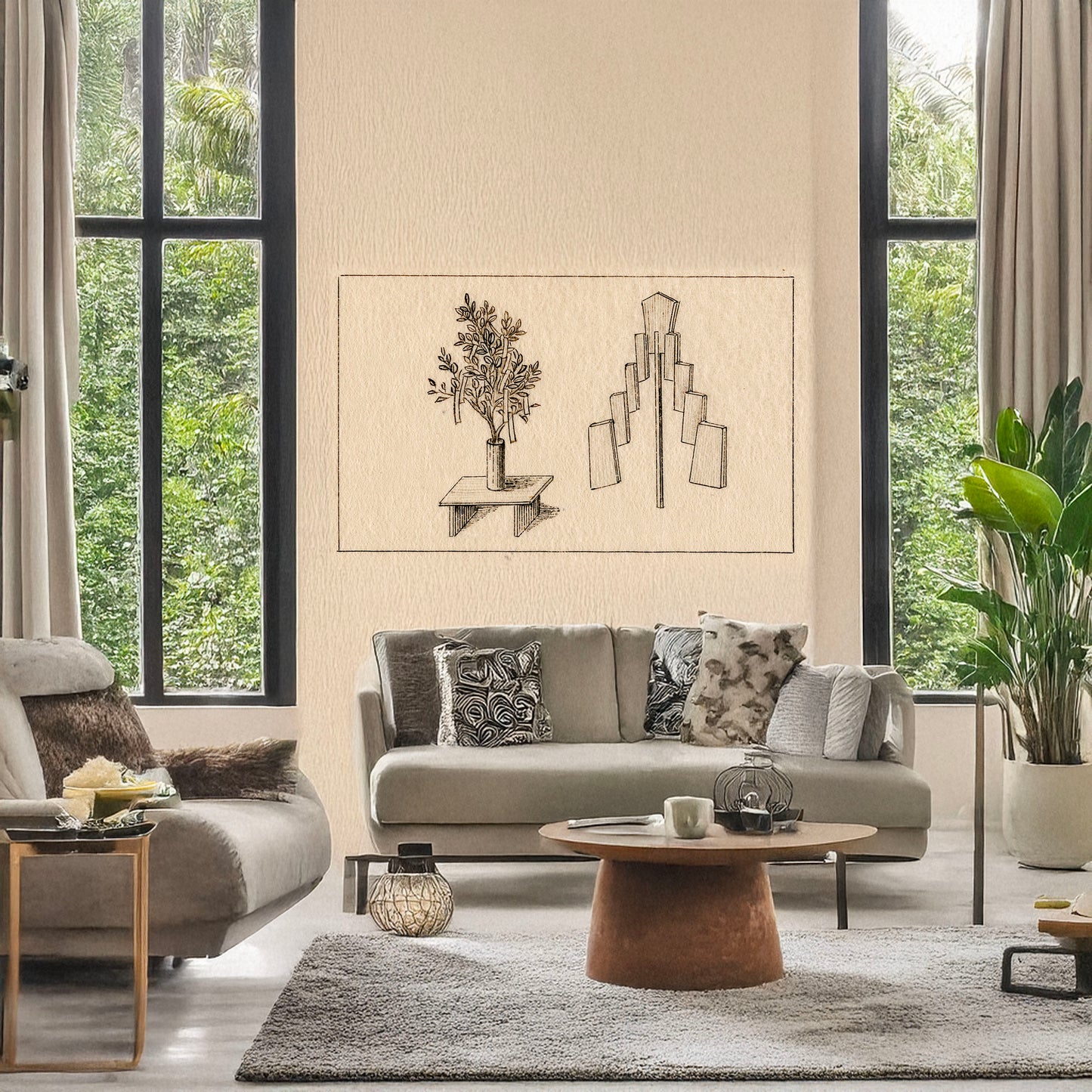 A picture of Shinto funeral ornaments, a mockup of the print leaning against a wall