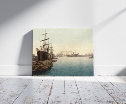 A picture of Ships in the Harbor, Hamburg, Germany, a mockup of the print leaning against a wall