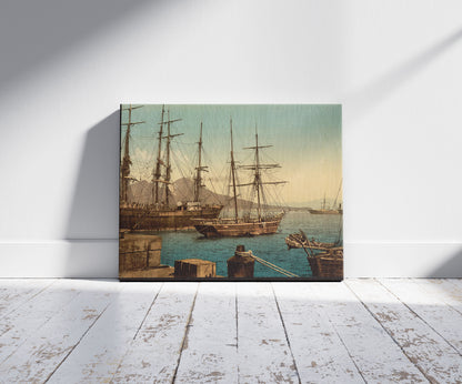 A picture of Ships in the harbor, Naples, Italy, a mockup of the print leaning against a wall