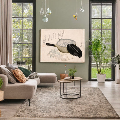 A picture of Shirauo, a mockup of the print leaning against a wall