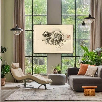 A picture of Shishi zu, a mockup of the print leaning against a wall