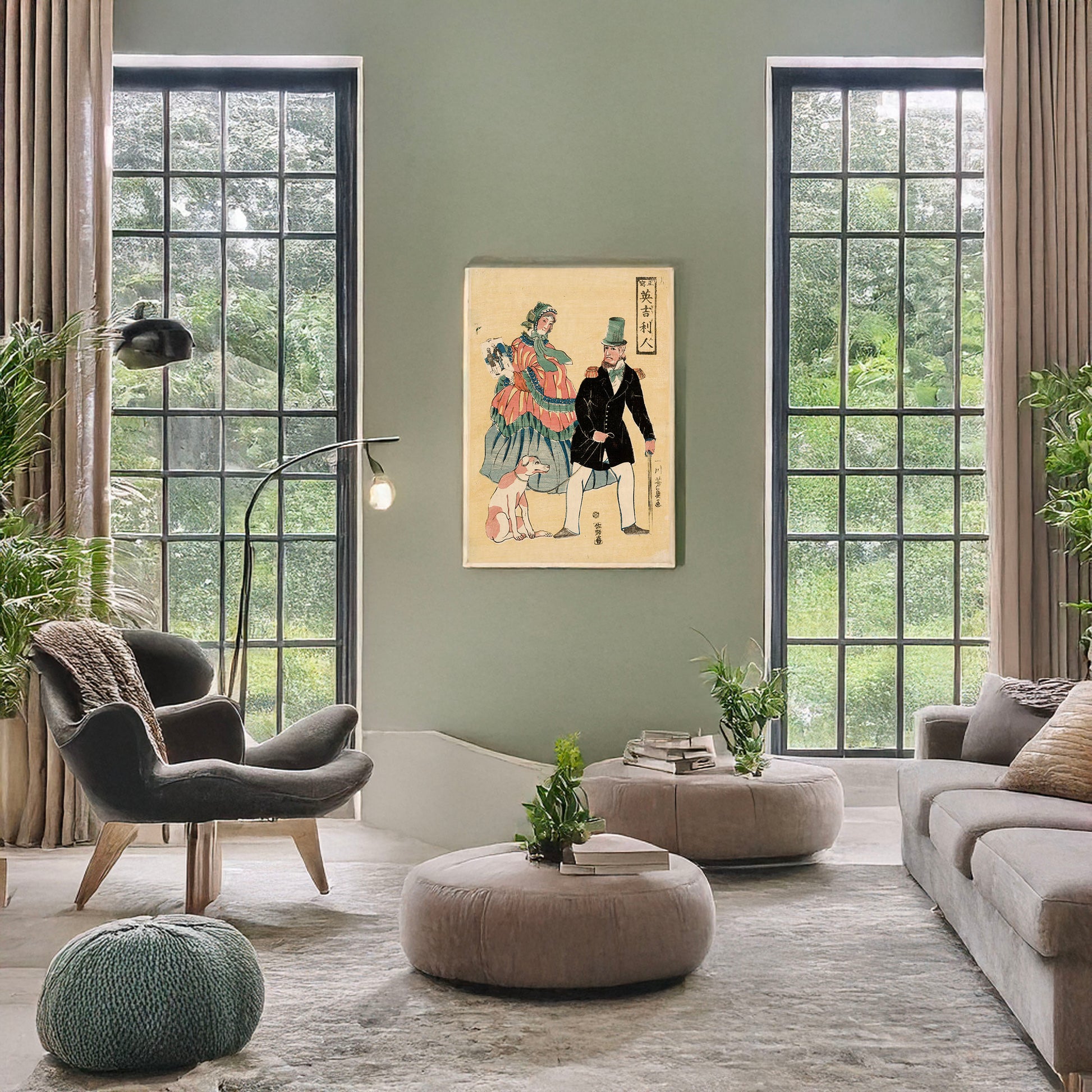A picture of Shō utsushi igirisujin, a mockup of the print leaning against a wall