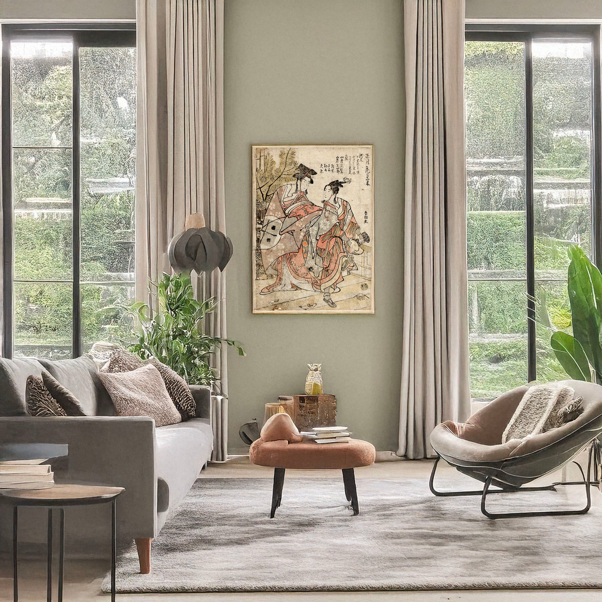 A picture of Shōgastu kamuro manzai, a mockup of the print leaning against a wall