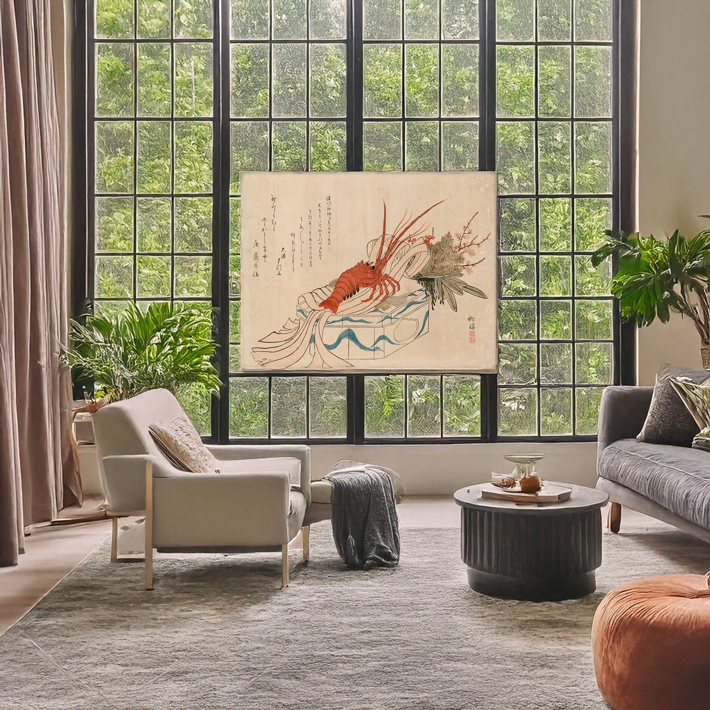 A picture of Shōgatsu kazari, a mockup of the print leaning against a wall