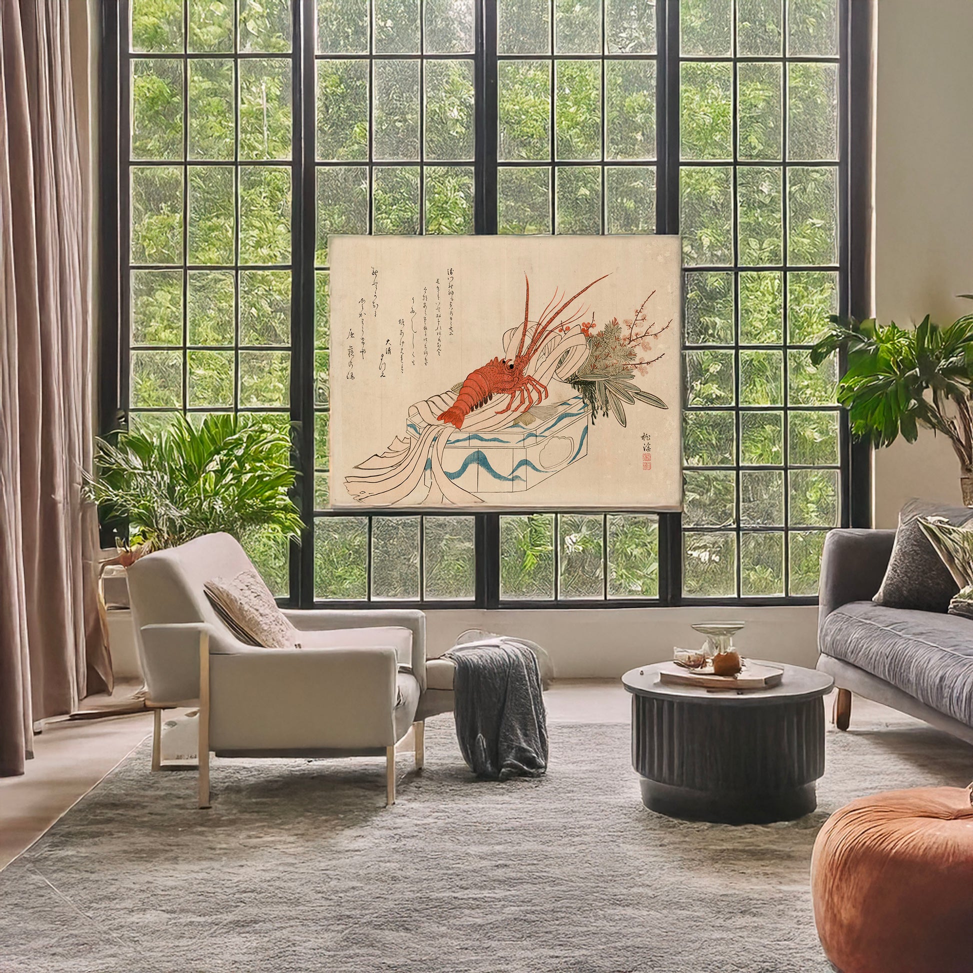A picture of Shōgatsu kazari, a mockup of the print leaning against a wall