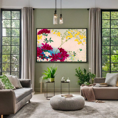 A picture of Shoka no hana, a mockup of the print leaning against a wall