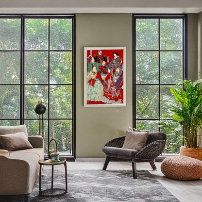 A picture of Shokoku kokuō zu, a mockup of the print leaning against a wall