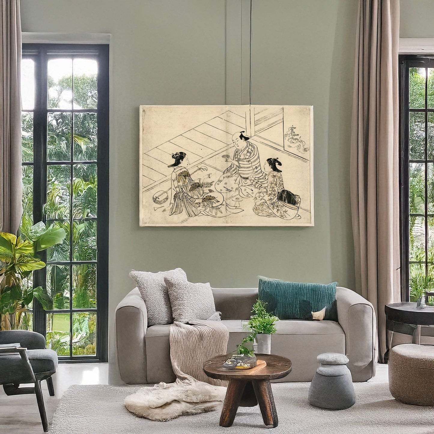 A picture of Shuen, a mockup of the print leaning against a wall