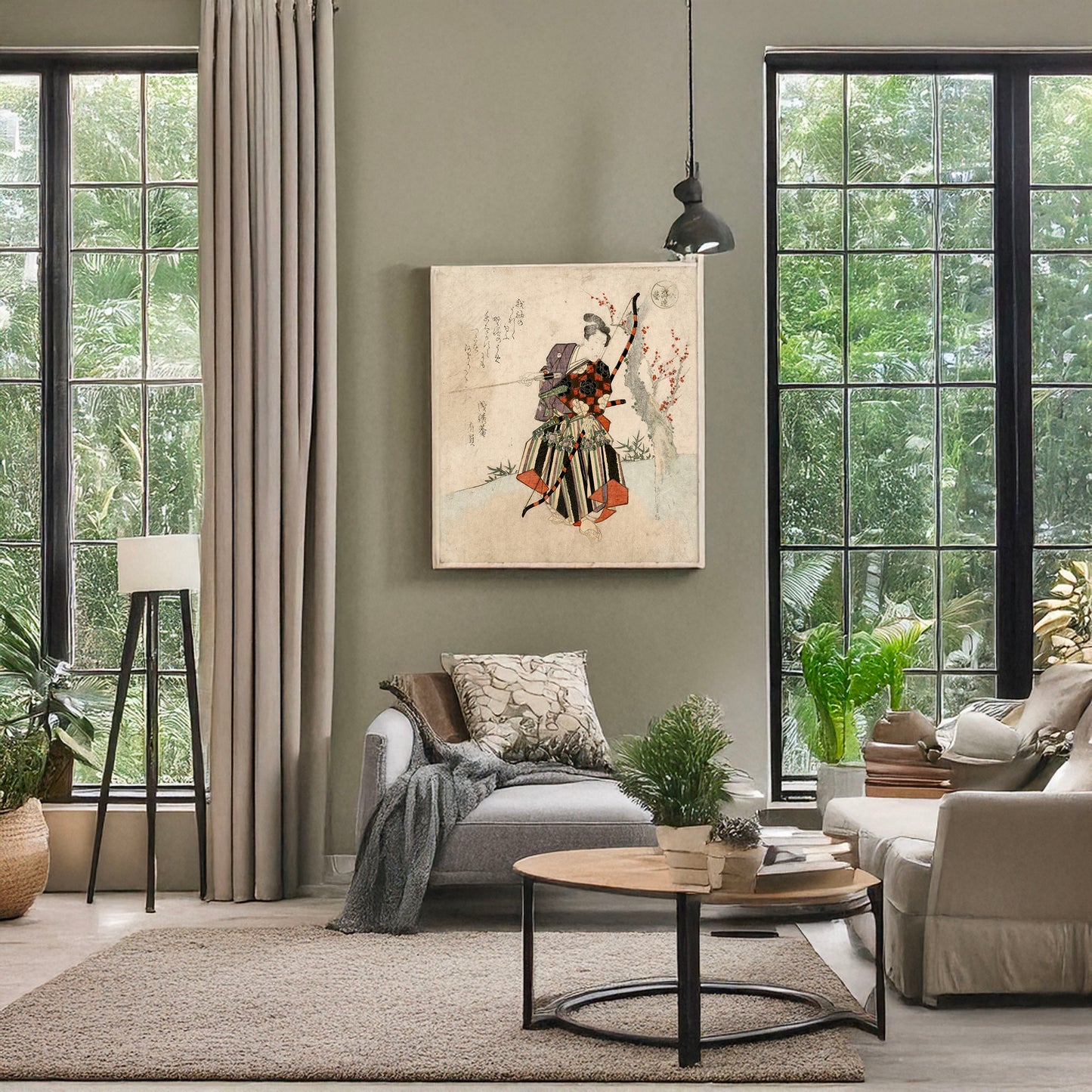 A picture of Shya, a mockup of the print leaning against a wall