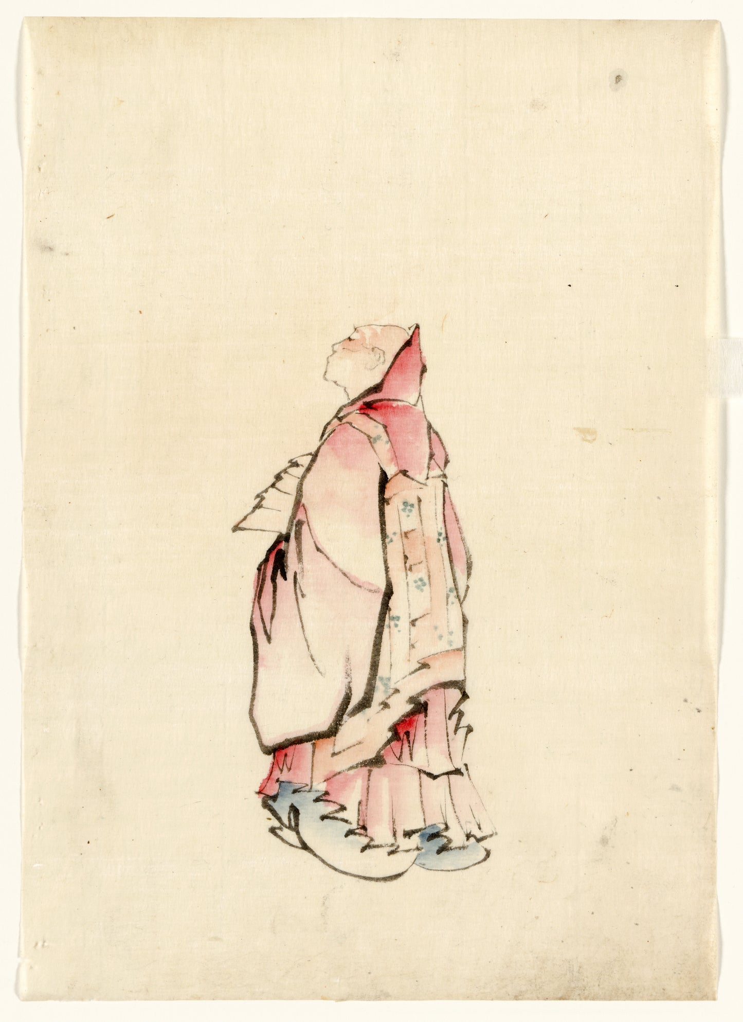 A picture of Side view of a monk, full-length portrait, facing left, wearing gown with hood