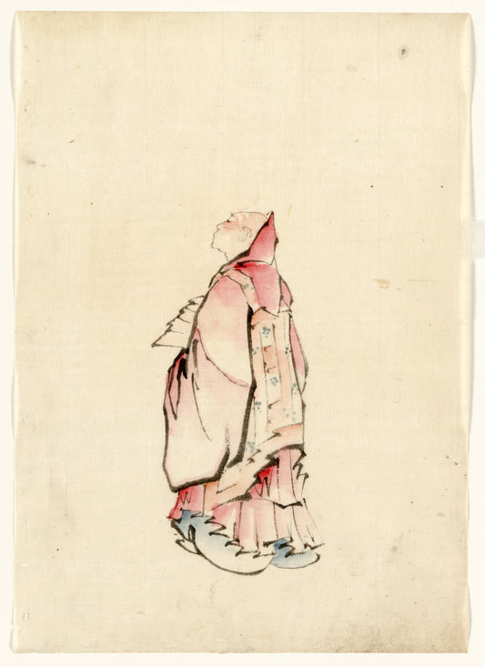 A picture of Side view of a monk, full-length portrait, facing left, wearing gown with hood