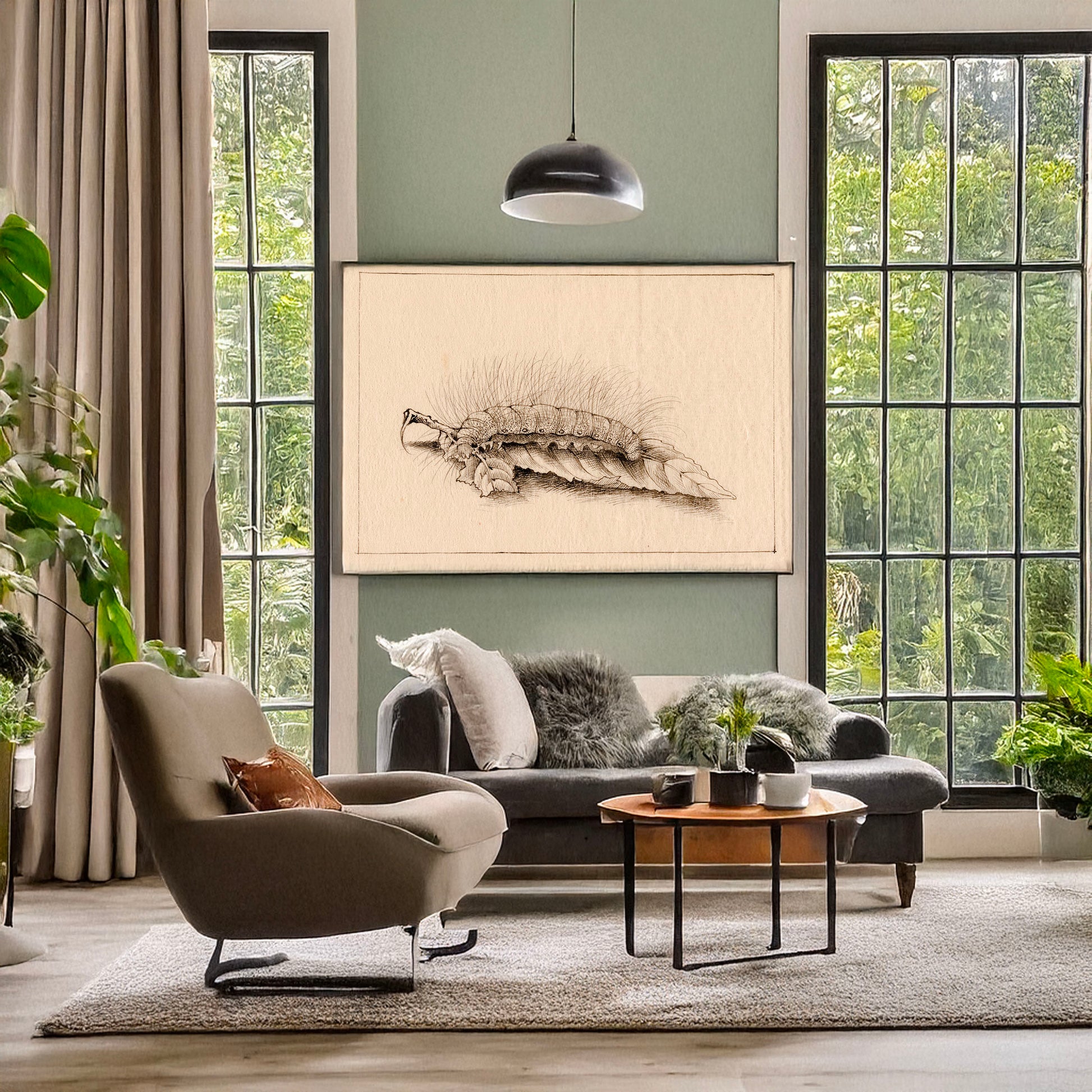 A picture of Silk worm, a mockup of the print leaning against a wall