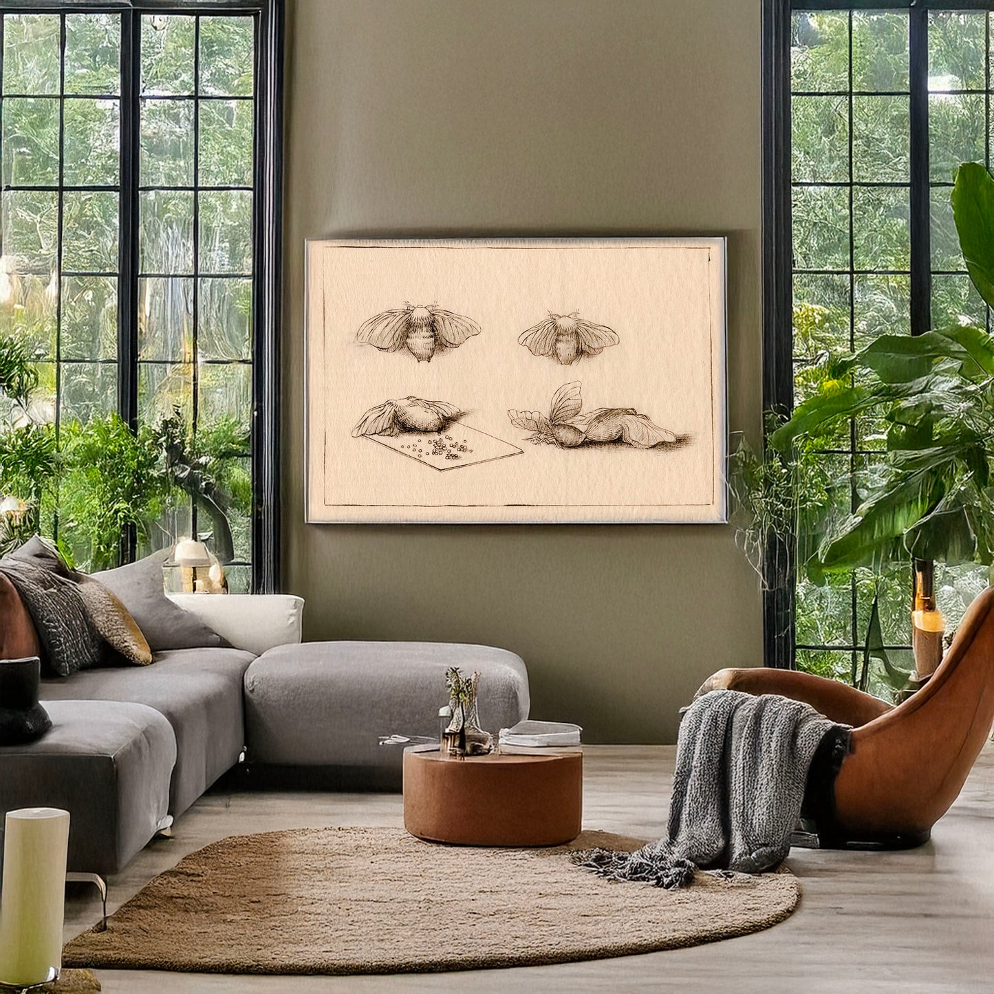 A picture of Silk worm, a mockup of the print leaning against a wall