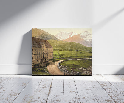A picture of Simplon Pass, the hospice, Valais, Alps of, Switzerland, a mockup of the print leaning against a wall