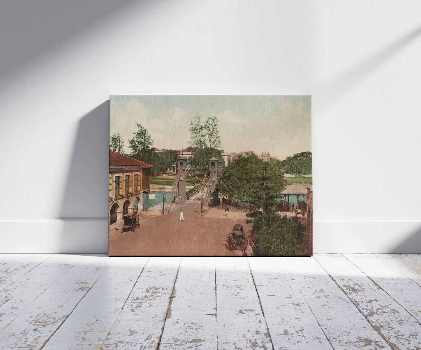 A picture of Singapore. Cavenagh-Bridge, a mockup of the print leaning against a wall