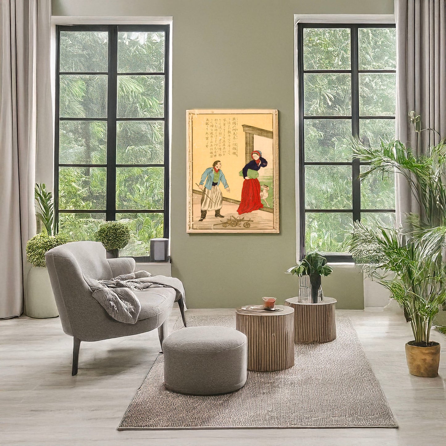 A picture of Sir Richard Arkwright, inventor of the spinning machine, a mockup of the print leaning against a wall