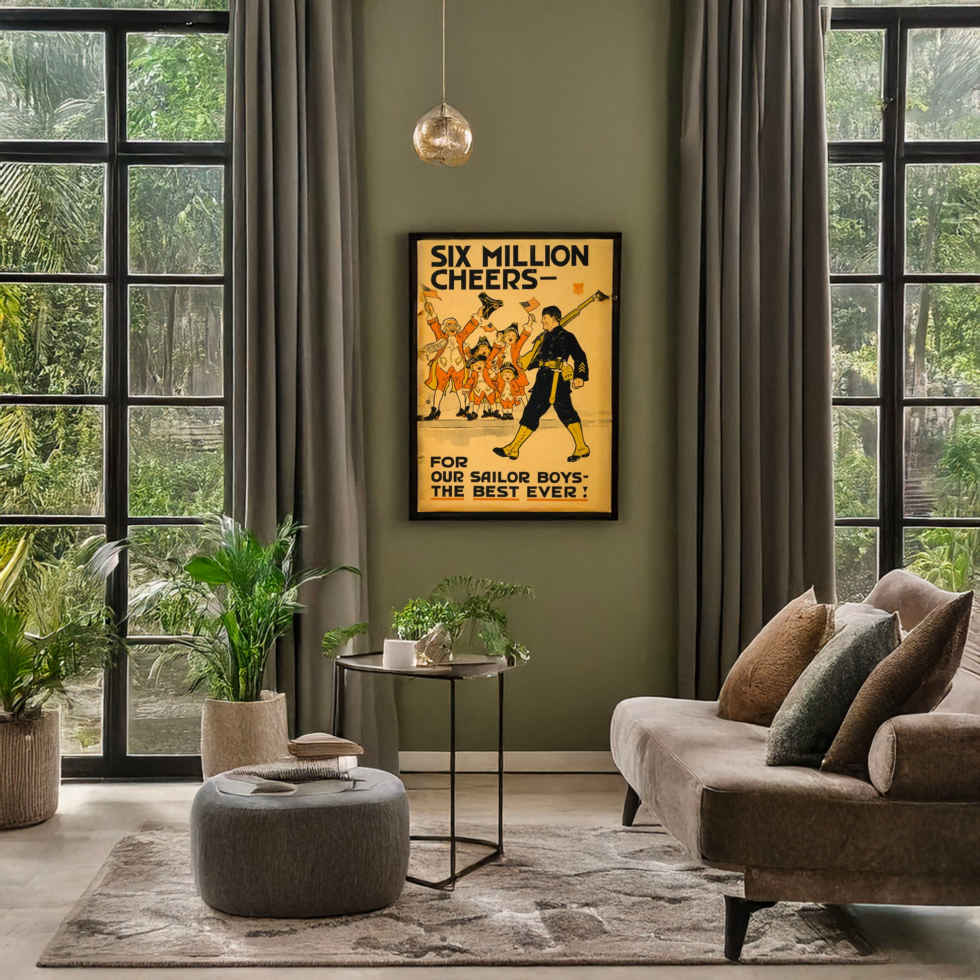 A picture of Six million cheers - for our sailor boys - the best ever!, a mockup of the print leaning against a wall