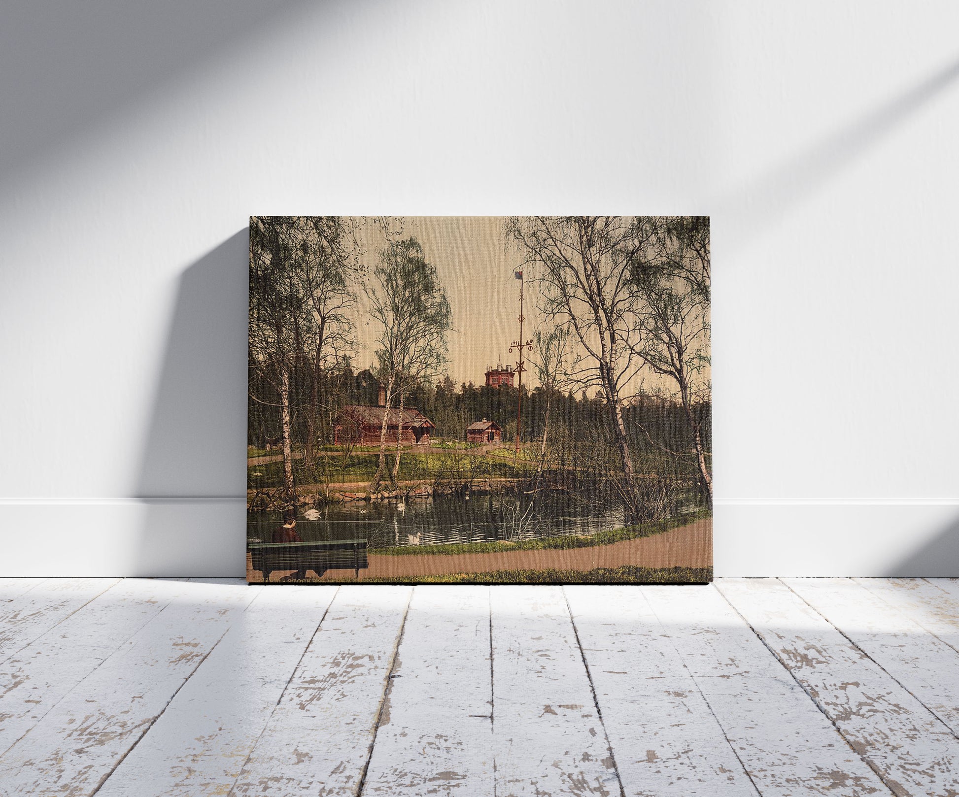 A picture of Skansen, Stockholm, Sweden, a mockup of the print leaning against a wall