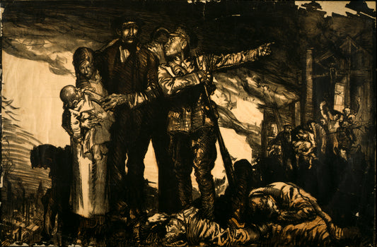 A picture of Soldier giving direction to a family, amid chaos and destruction of war