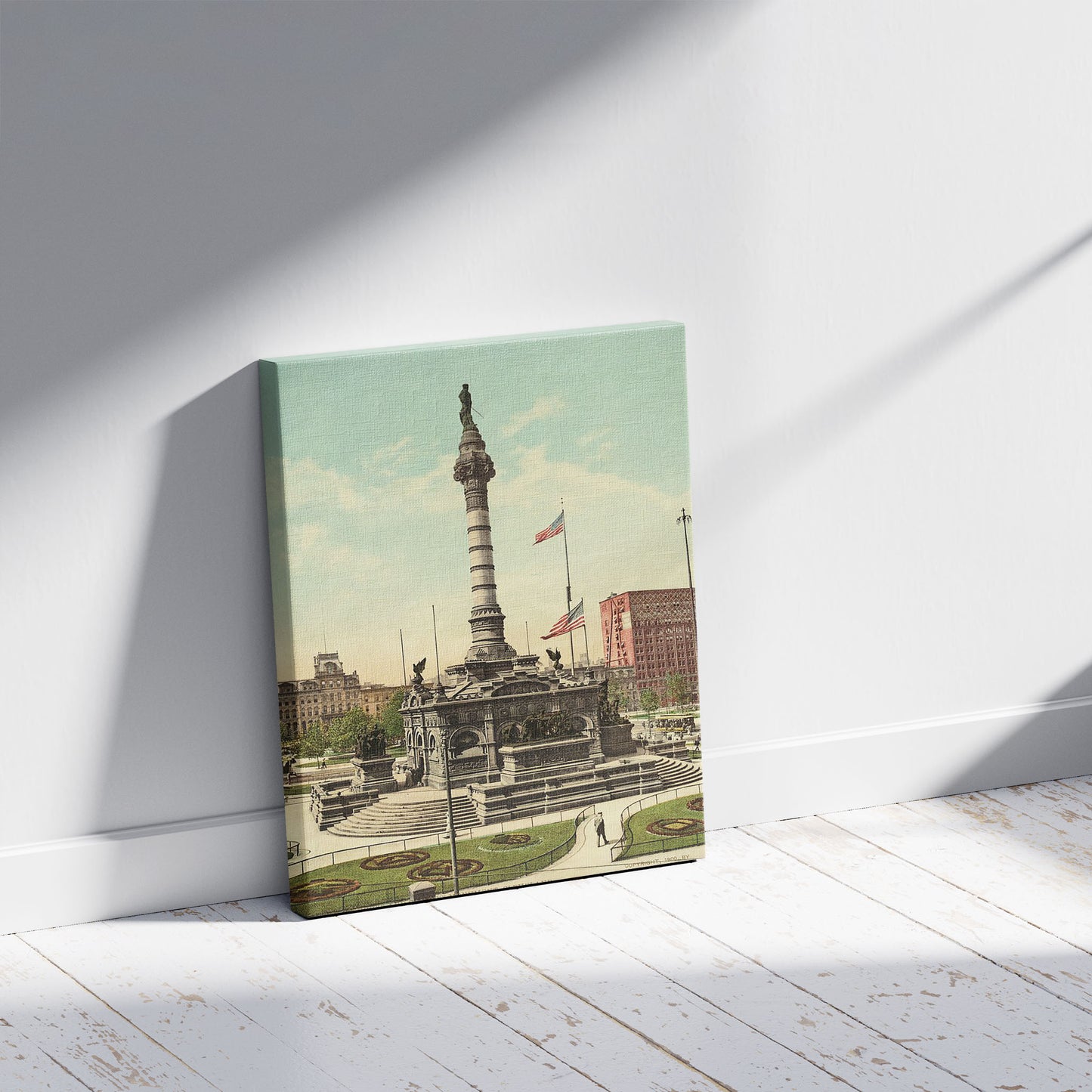 A picture of Soldiers' and Sailors' Monument, Cleveland, a mockup of the print leaning against a wall