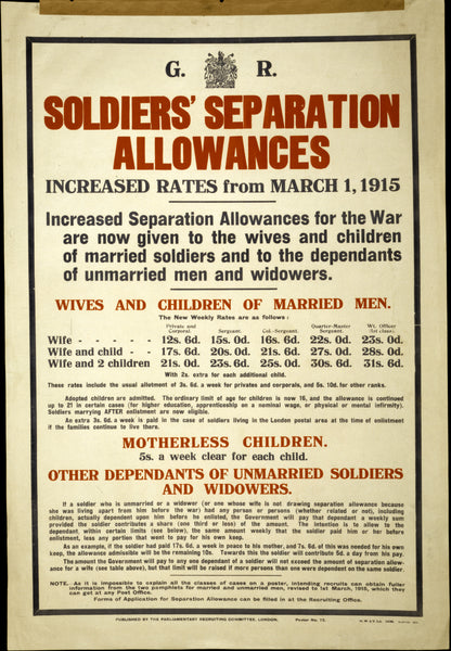 A picture of Soldiers' separation allowances. Increased rates from March 1, 1915 ...