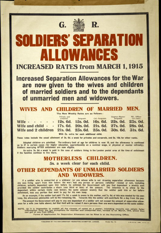 A picture of Soldiers' separation allowances. Increased rates from March 1, 1915 ...