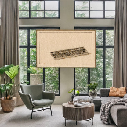 A picture of Soroban (counting frames), a mockup of the print leaning against a wall