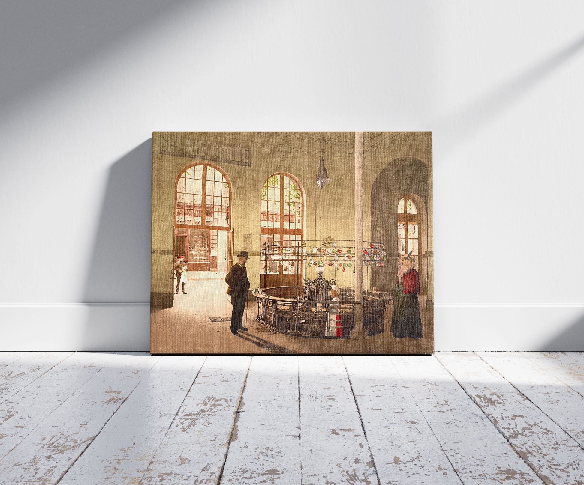 A picture of Source de la Grande Grille, (drink hall), Vichy, France, a mockup of the print leaning against a wall