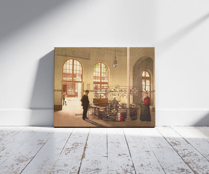 A picture of Source de la Grande Grille, (drink hall), Vichy, France, a mockup of the print leaning against a wall