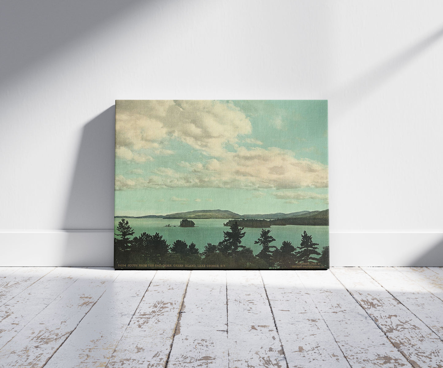 A picture of South from the Sagamore, Green Island, Lake George, N.Y., a mockup of the print leaning against a wall