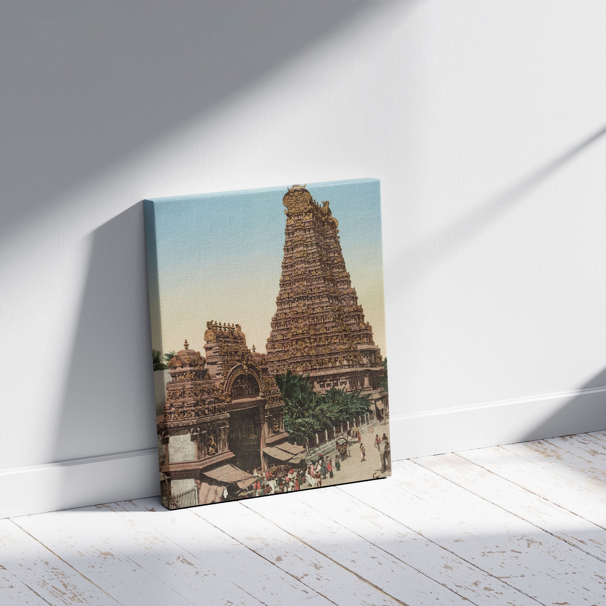 A picture of South of India. Seringham, Gopura., a mockup of the print leaning against a wall