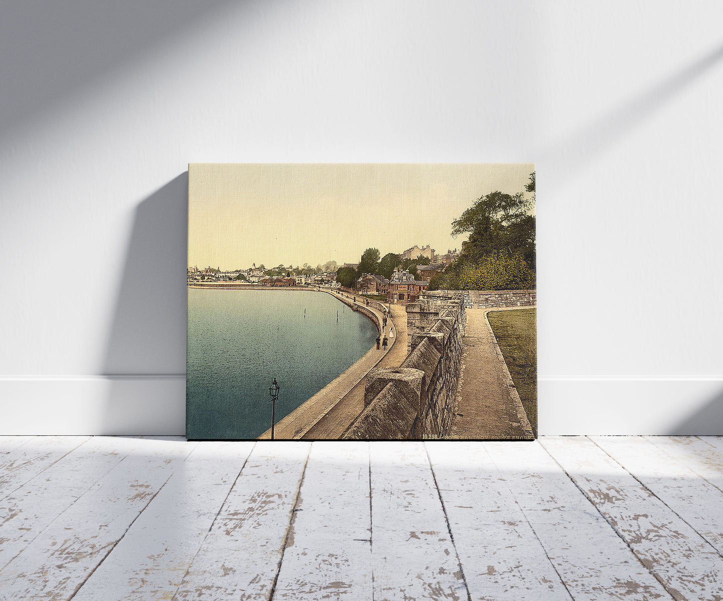 A picture of South Shore, Southampton, England, a mockup of the print leaning against a wall