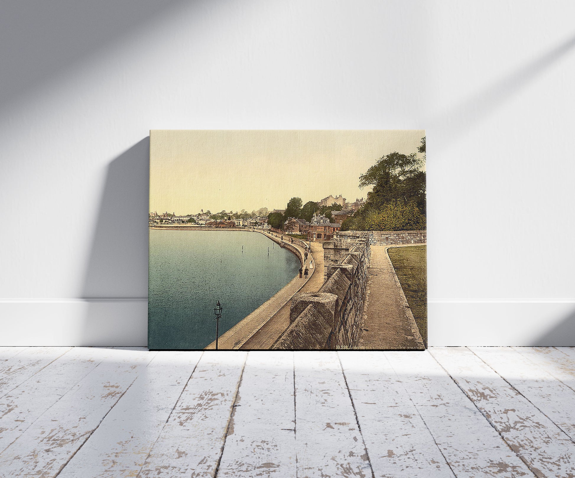 A picture of South Shore, Southampton, England, a mockup of the print leaning against a wall