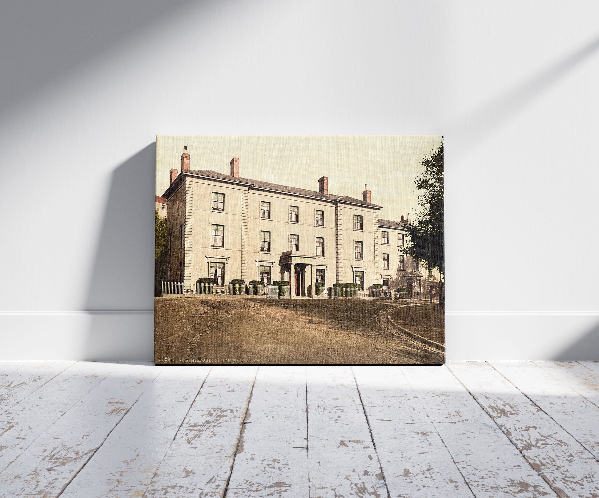 A picture of South Wales Hotel, New Milford (i.e. Neyland), Wales, a mockup of the print leaning against a wall