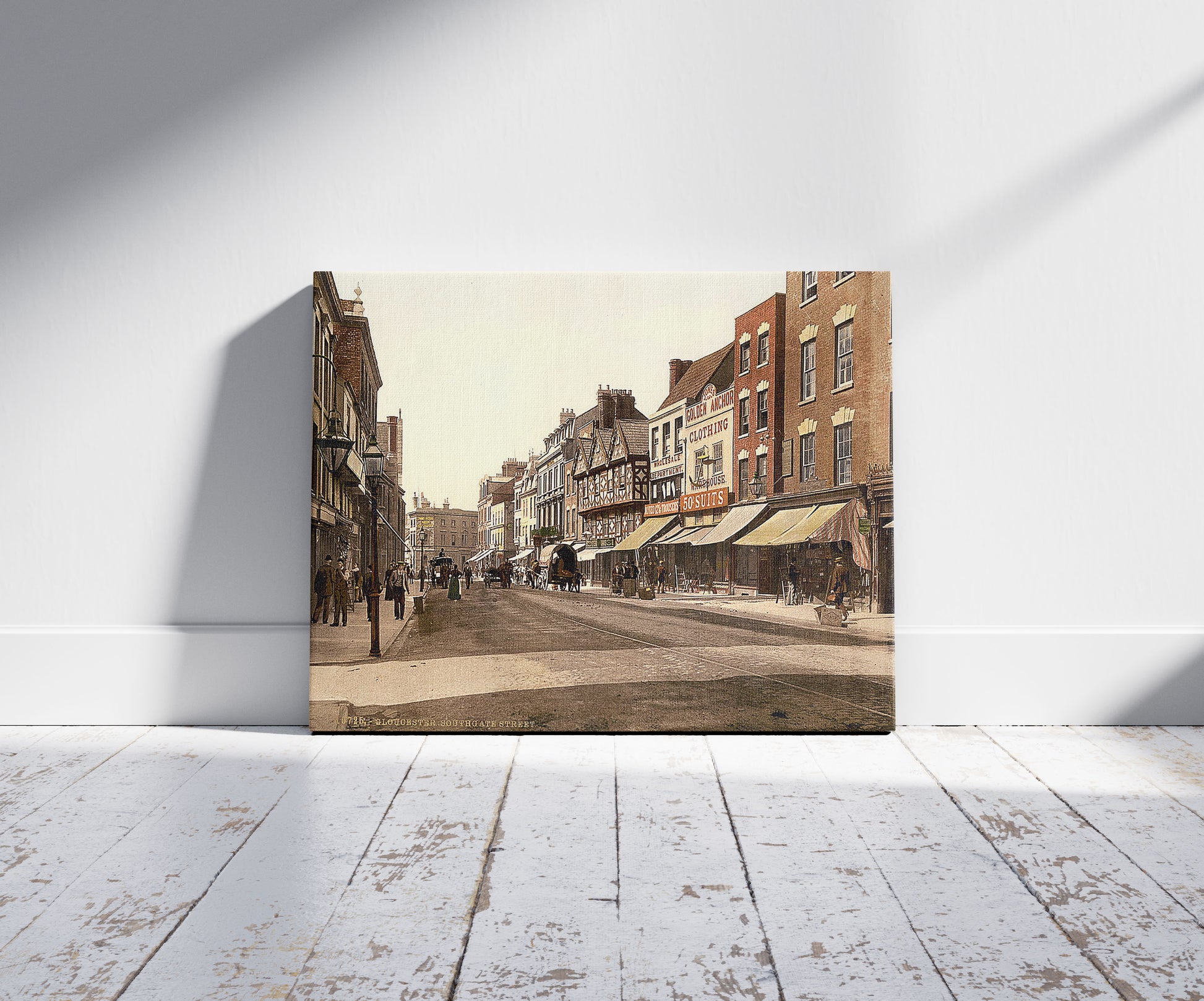 A picture of Southgate Street, Gloucester, England, a mockup of the print leaning against a wall