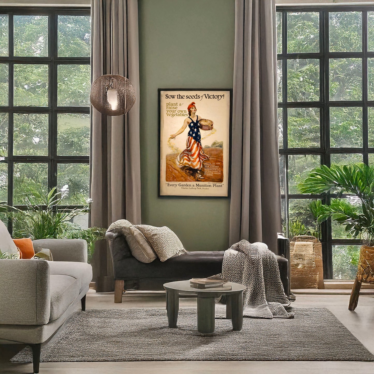 A picture of Sow the seeds of victory! Plant & raise your own vegetables, a mockup of the print leaning against a wall