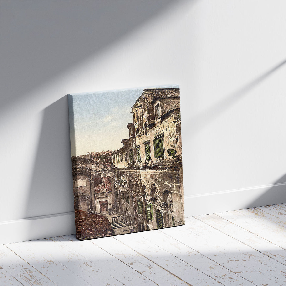 A picture of Spalato, Diocletian's Palace, the Peristyle, Dalmatia, Austro-Hungary, a mockup of the print leaning against a wall