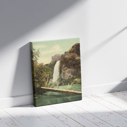 A picture of Spearfish Falls, South Dakota, a mockup of the print leaning against a wall