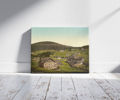 A picture of Spindelmuhl, Riesengebirge, Germany (i.e.,Špindlerův Mlýn, Czech Republic), a mockup of the print leaning against a wall