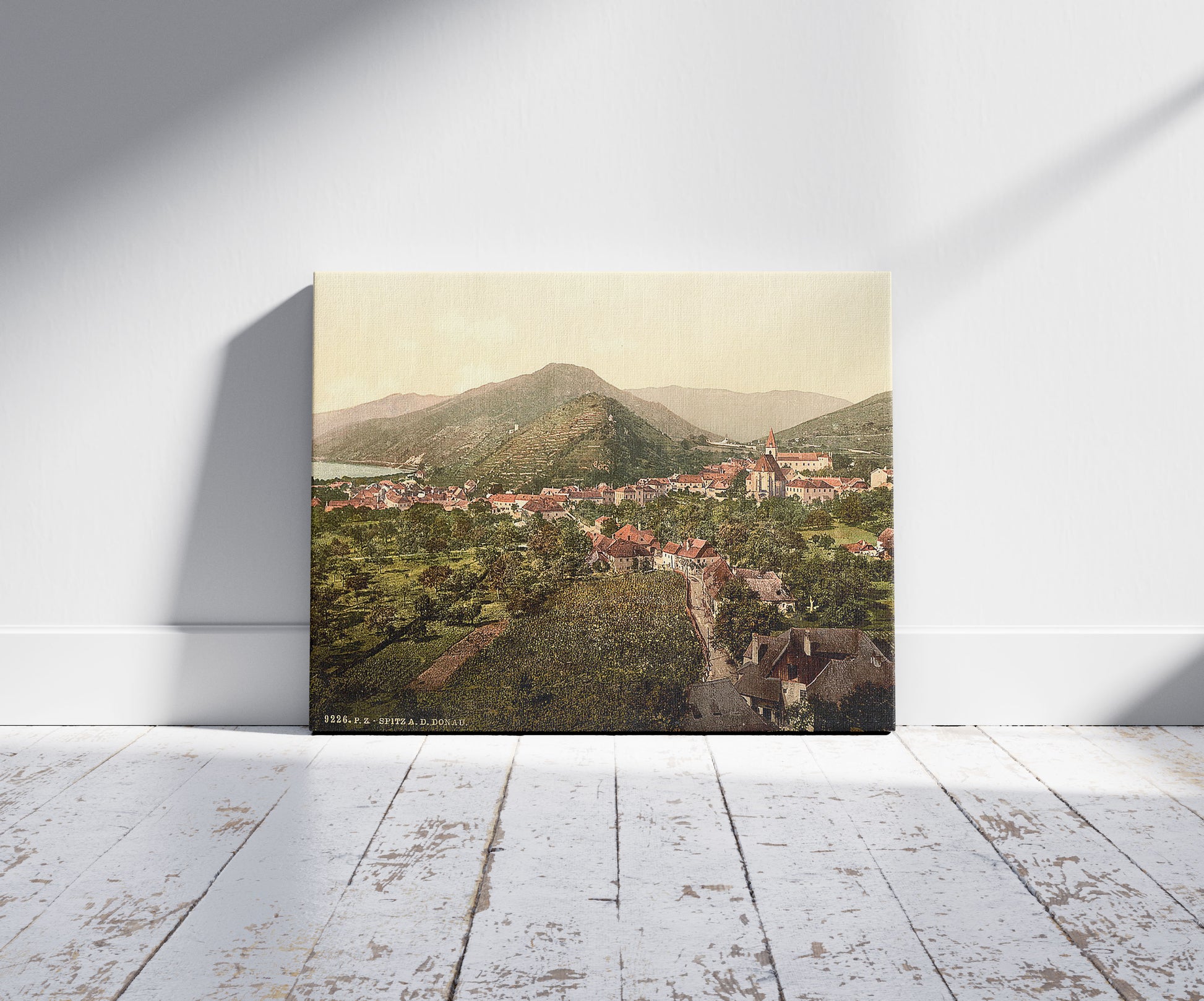 A picture of Spitz, Lower Austria, Austro-Hungary, a mockup of the print leaning against a wall