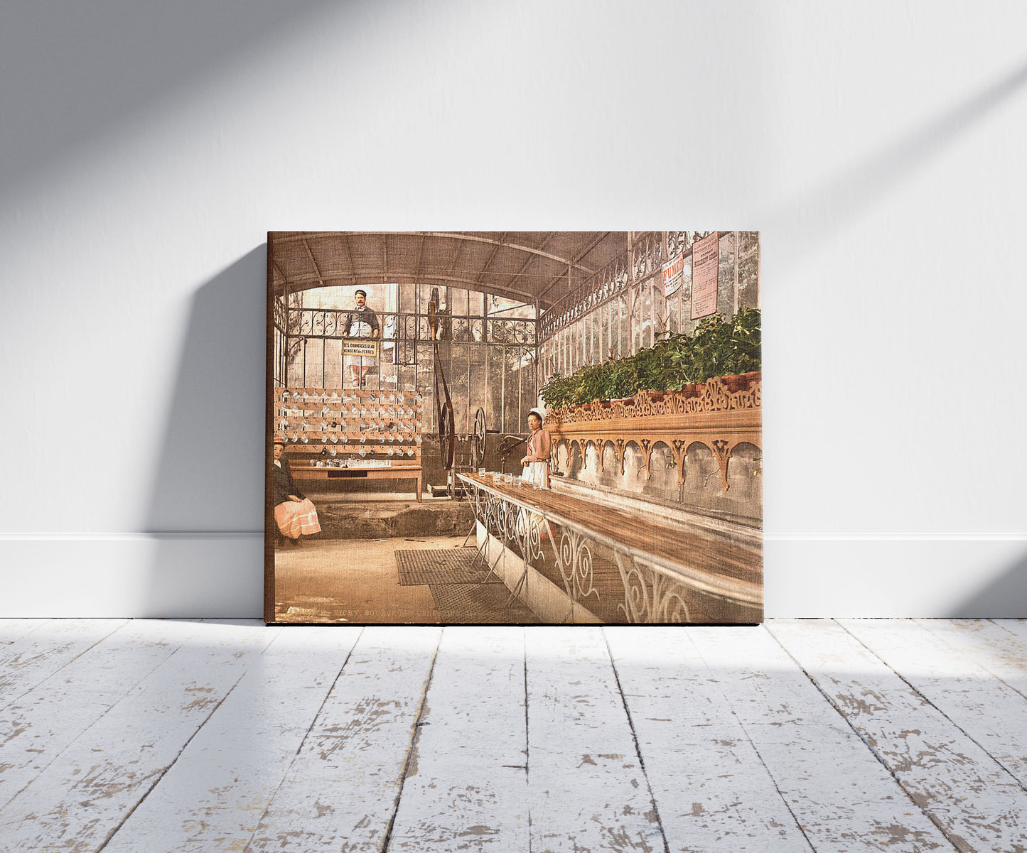 A picture of Spring of the Celestins, I, interior, Vichy, France, a mockup of the print leaning against a wall