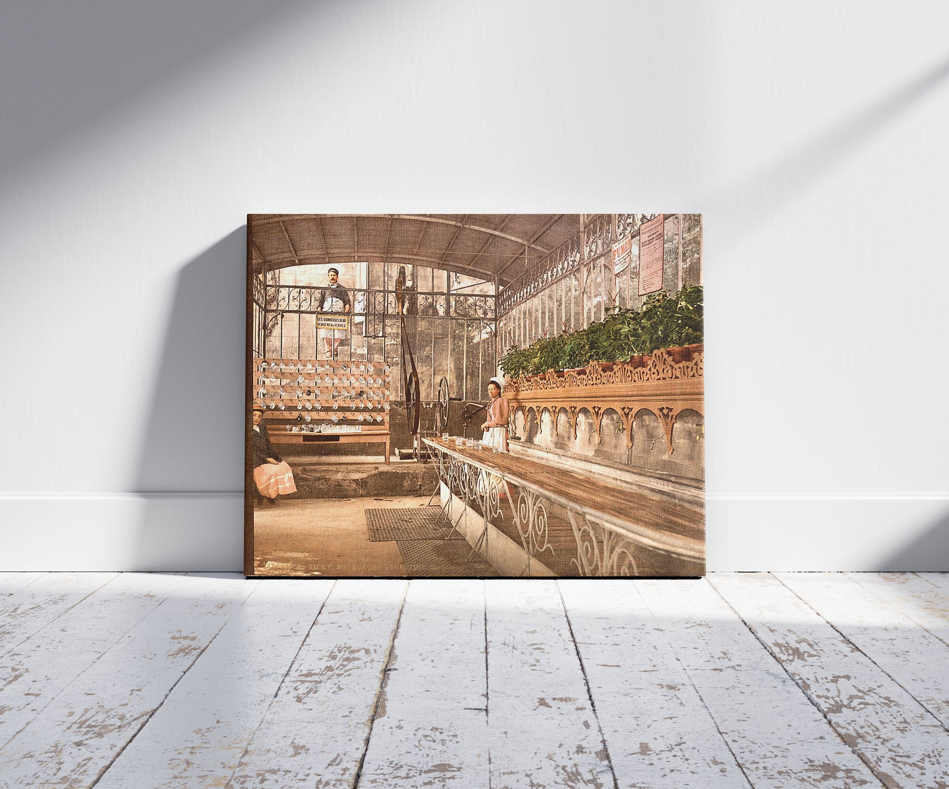 A picture of Spring of the Celestins, I, interior, Vichy, France, a mockup of the print leaning against a wall